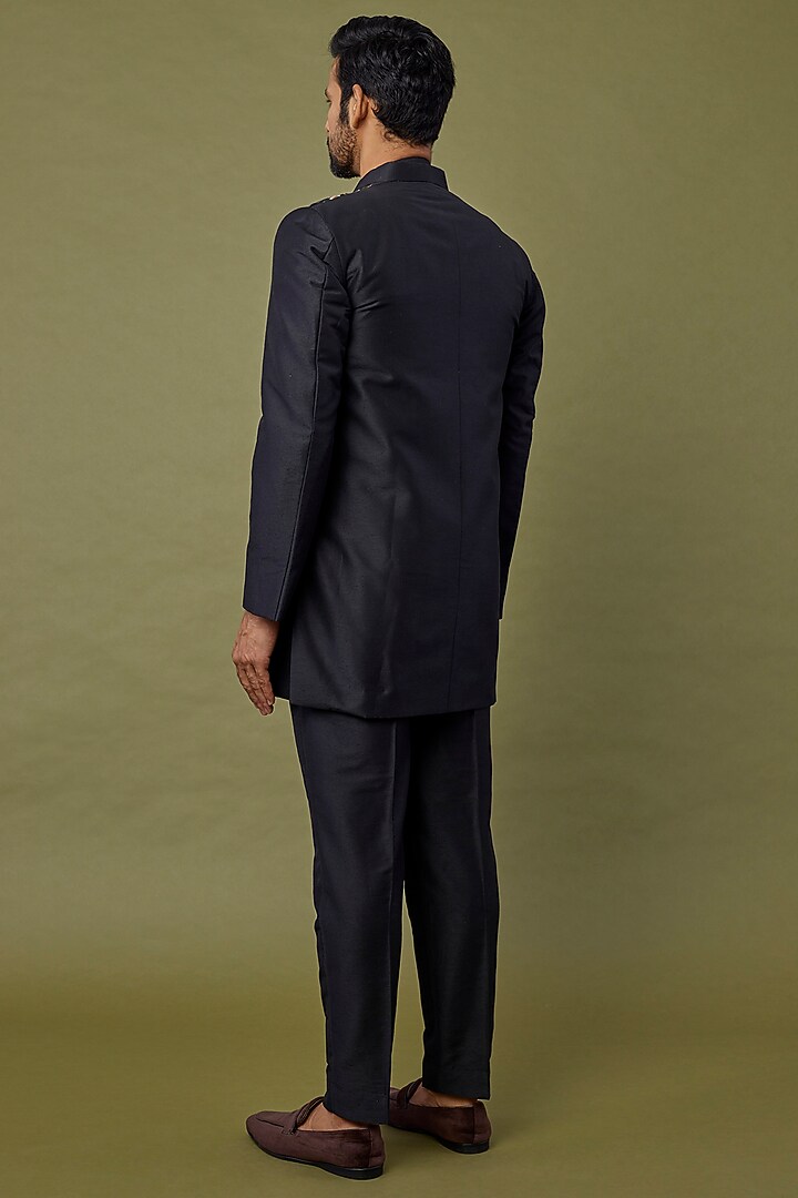 Black Cotton Silk Applique Embroidered Wedding Indowestern Set by DiyaRajvvir Men at Pernia's Pop Up Shop