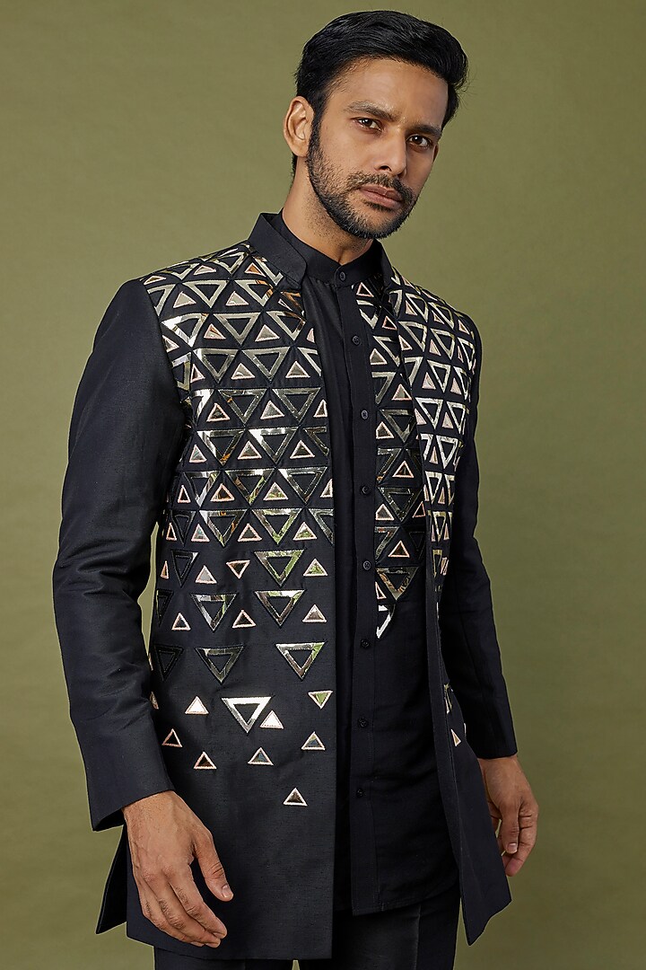 Black Cotton Silk Applique Embroidered Wedding Indowestern Set by DiyaRajvvir Men at Pernia's Pop Up Shop