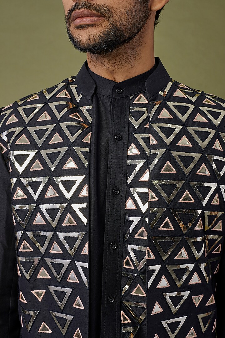 Black Cotton Silk Applique Embroidered Wedding Indowestern Set by DiyaRajvvir Men at Pernia's Pop Up Shop