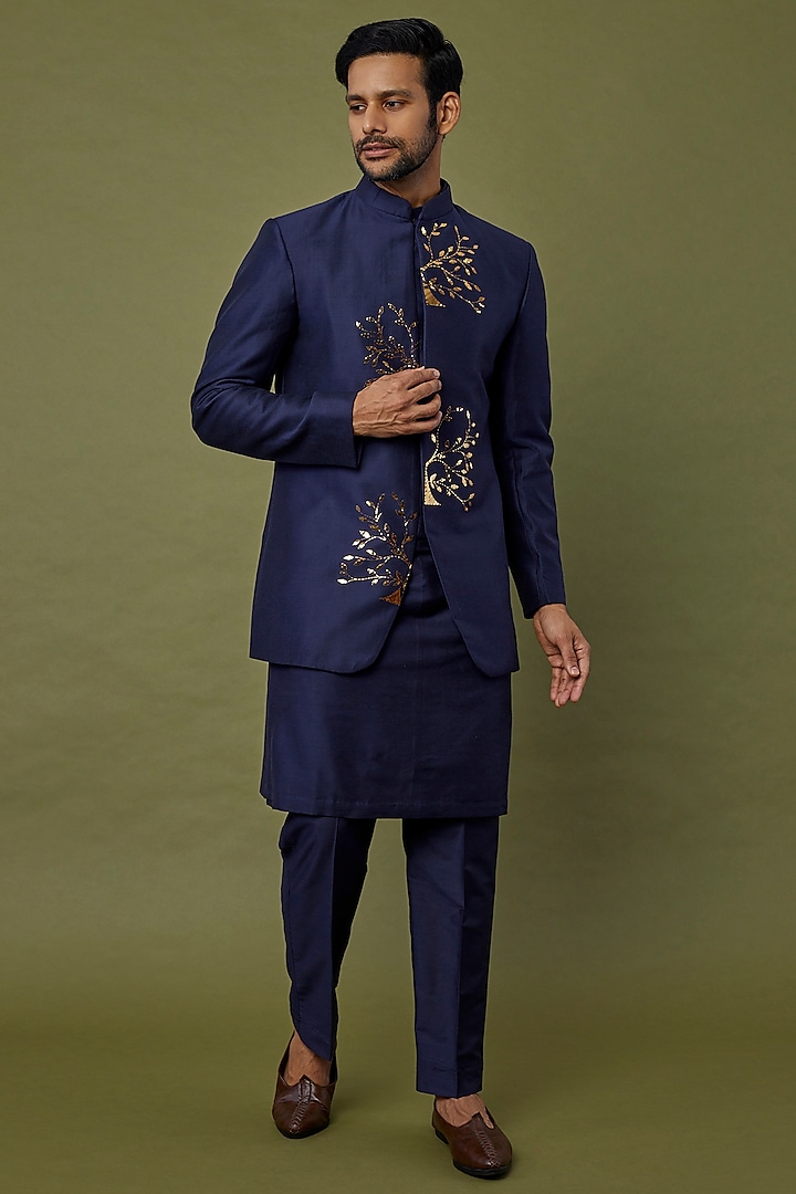 Dark Blue Embroidered Bandhgala Set by DiyaRajvvir Men