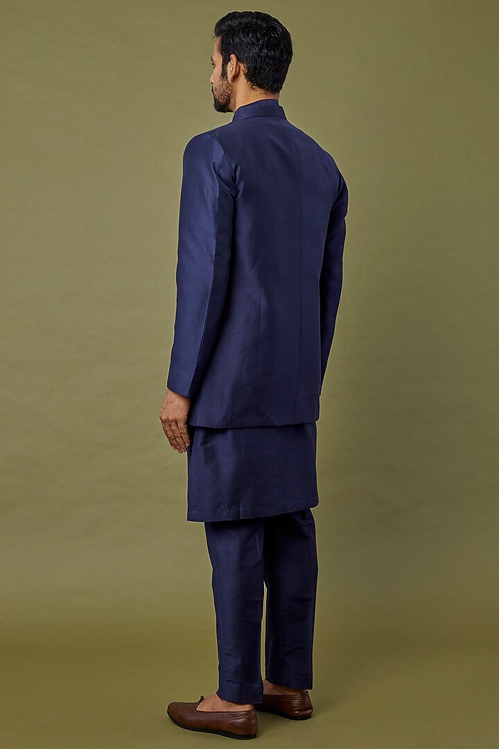 Dark Blue Cotton Silk Applique Embroidered Jacket Set by DiyaRajvvir Men at Pernia's Pop Up Shop
