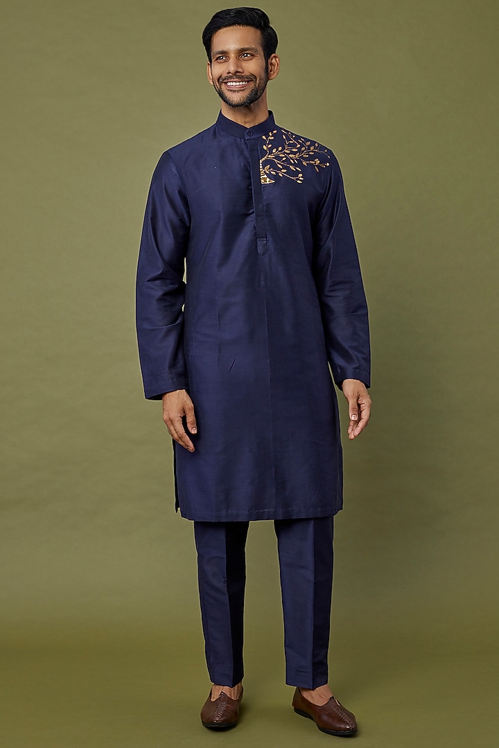 Dark Blue Cotton Silk Applique Embroidered Jacket Set by DiyaRajvvir Men at Pernia's Pop Up Shop