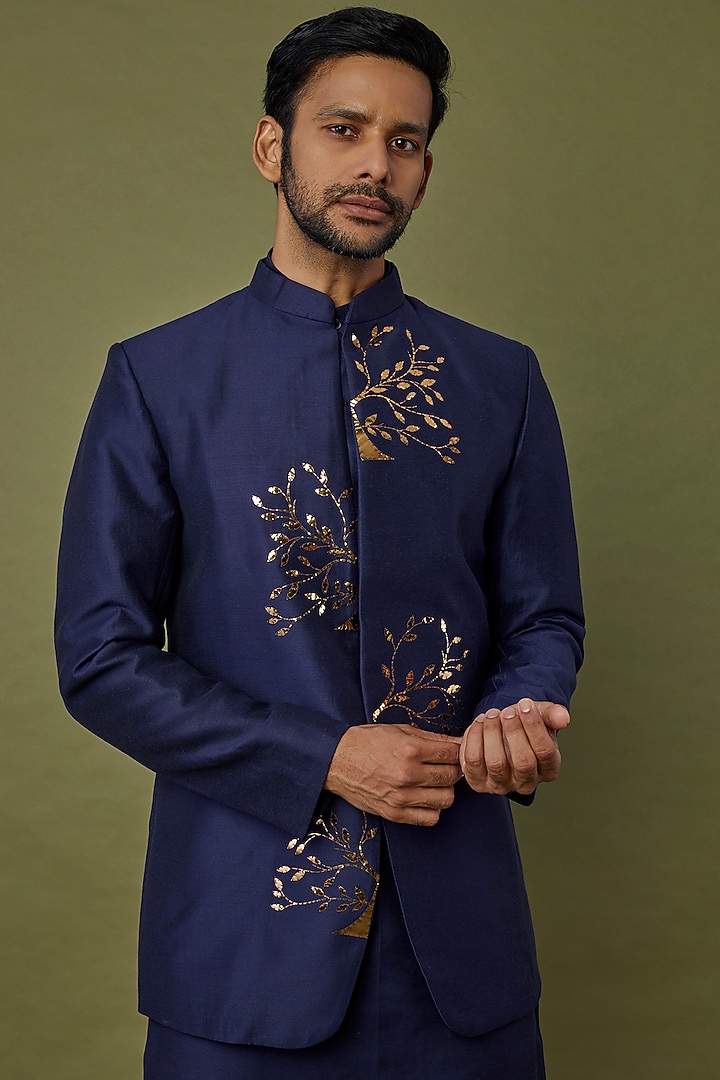 Dark Blue Cotton Silk Applique Embroidered Jacket Set by DiyaRajvvir Men at Pernia's Pop Up Shop