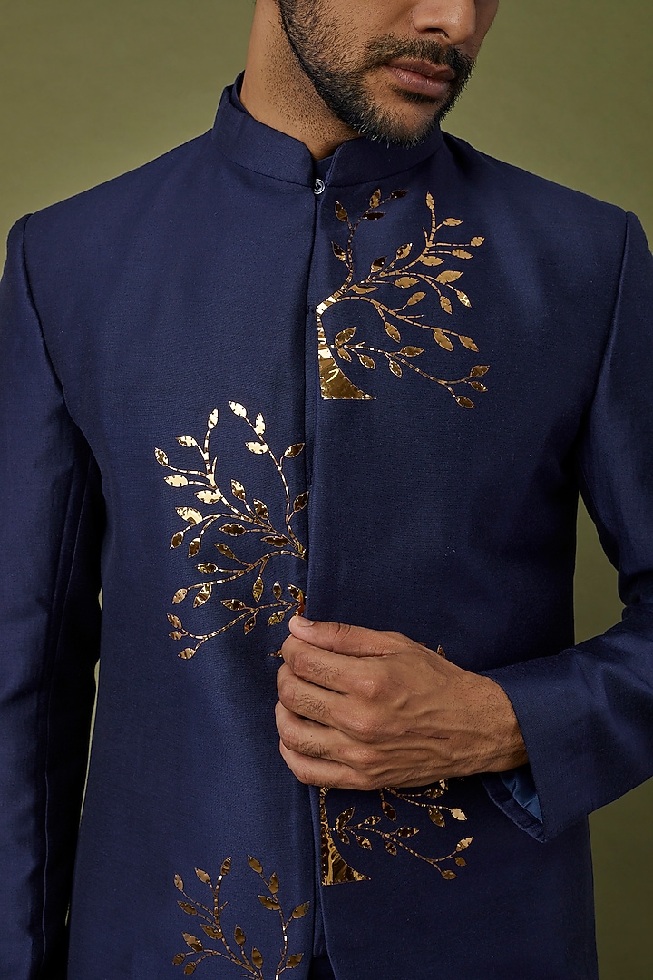 Dark Blue Cotton Silk Applique Embroidered Jacket Set by DiyaRajvvir Men at Pernia's Pop Up Shop