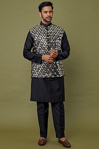 Black Silk Embroidered Nehru Jacket Set by DiyaRajvvir Men