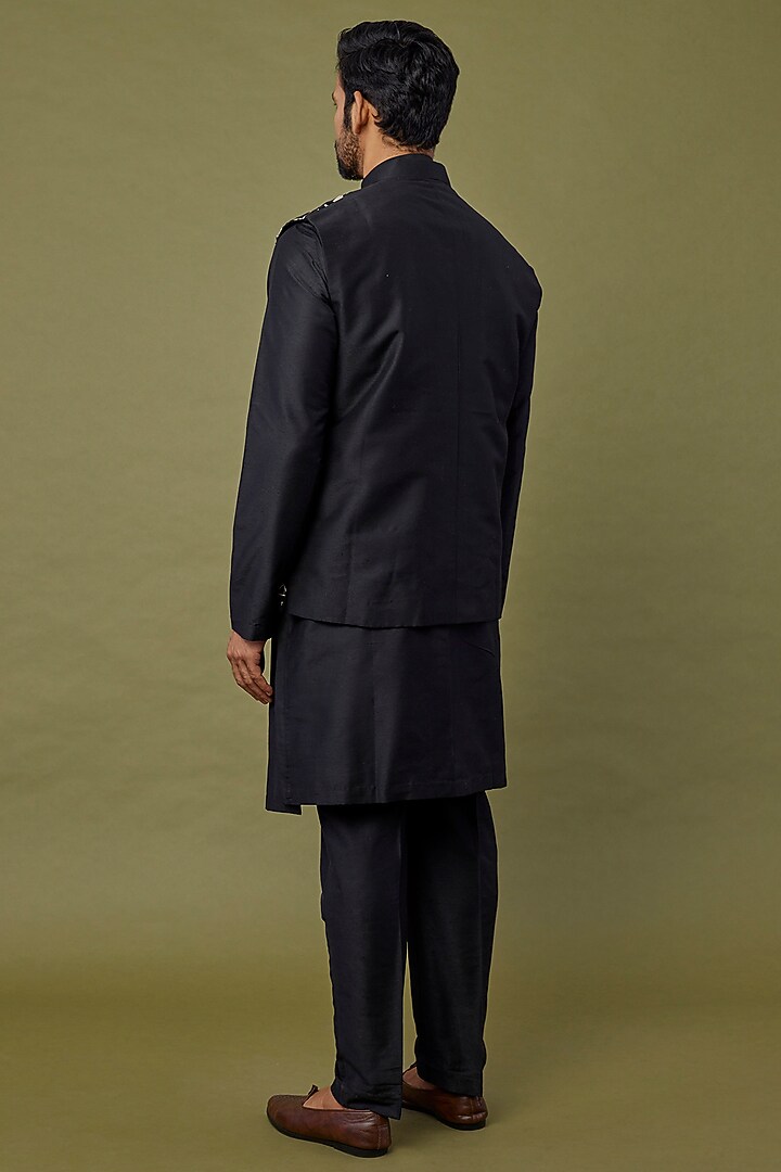 Black Silk Embroidered Nehru Jacket Set by DiyaRajvvir Men at Pernia's Pop Up Shop
