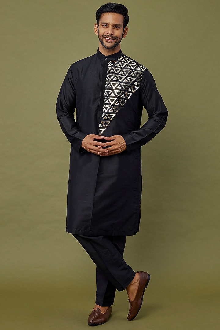 Black Silk Embroidered Nehru Jacket Set by DiyaRajvvir Men at Pernia's Pop Up Shop