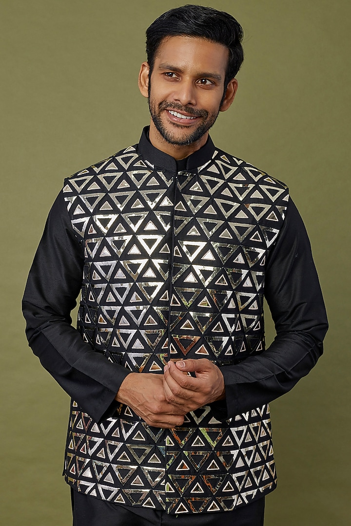Black Silk Embroidered Nehru Jacket Set by DiyaRajvvir Men at Pernia's Pop Up Shop