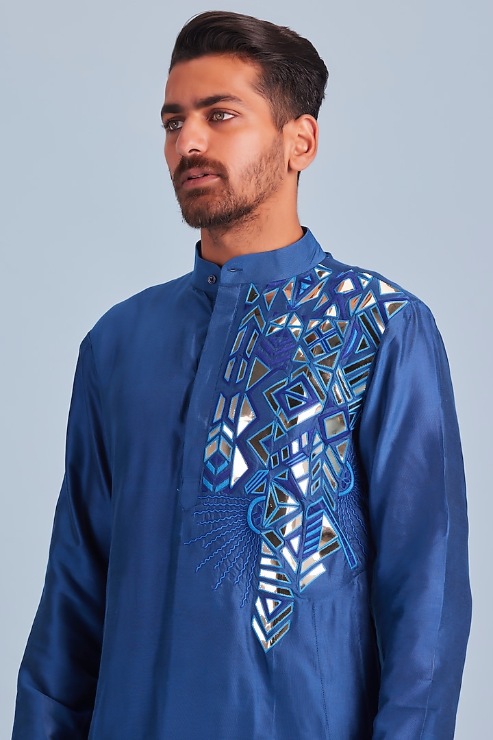 Indigo Blue Cotton & Cotton Silk Embroidered Kurta Set by DiyaRajvvir Men at Pernia's Pop Up Shop
