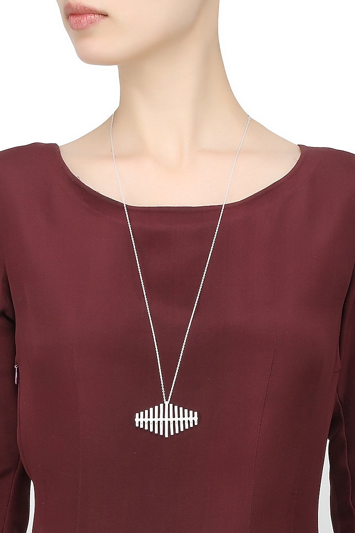 Dvibhumi presents Silver finish " Teevra" vertical bar pendant drop long necklace available only at Pernia's Pop Up Shop.
