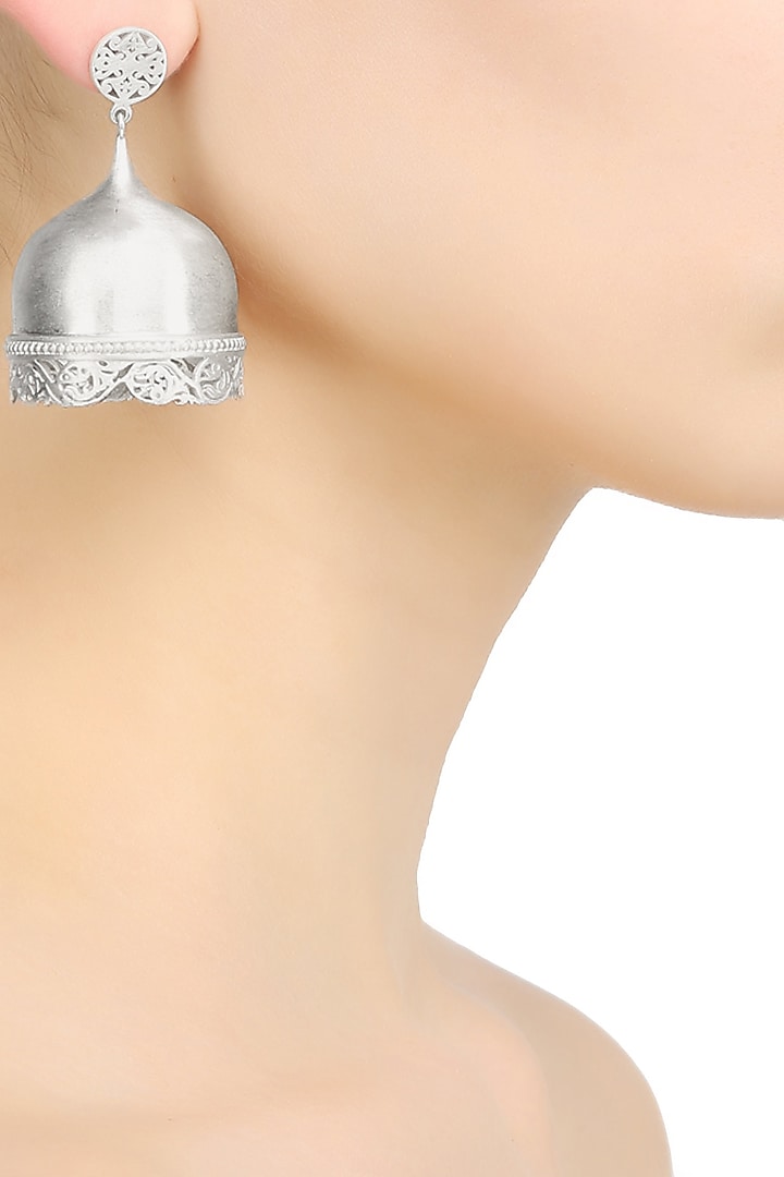 Dvibhumi presents Silver finish handcrafted " Abhaya" lattice work dome danglers available only at Pernia's Pop Up Shop.