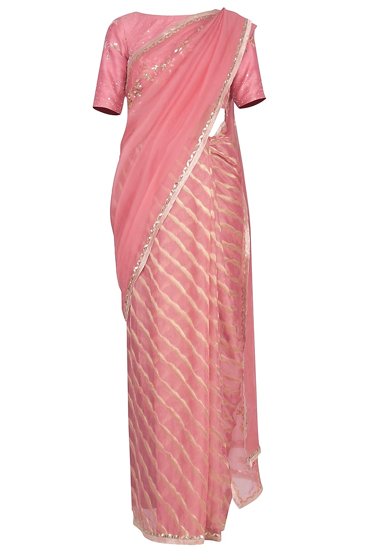 Pink Leheriya Embroidered Saree Set by Devnaagri