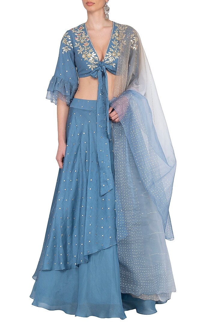 Blue Embroidered Layered Wedding Lehenga Set by Devnaagri at Pernia's Pop Up Shop