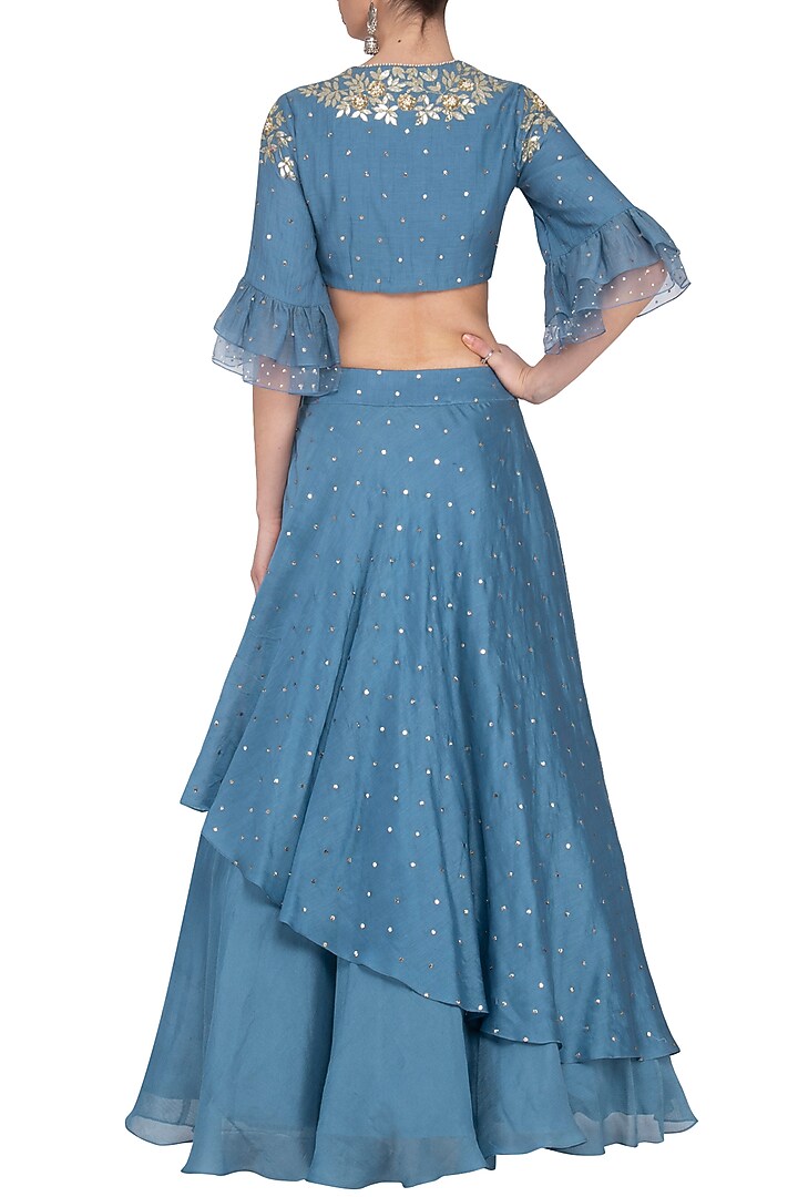 Blue Embroidered Layered Wedding Lehenga Set by Devnaagri at Pernia's Pop Up Shop