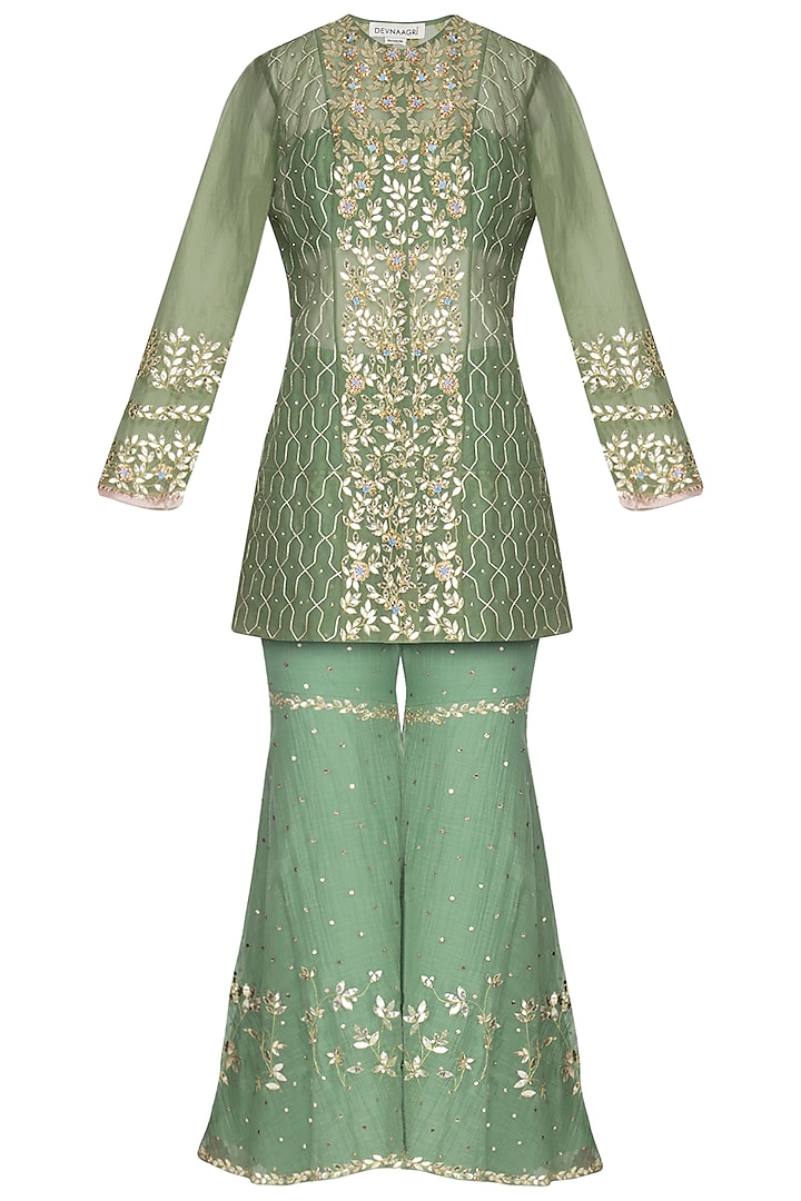 Green Embroidered Sharara Set by Devnaagri