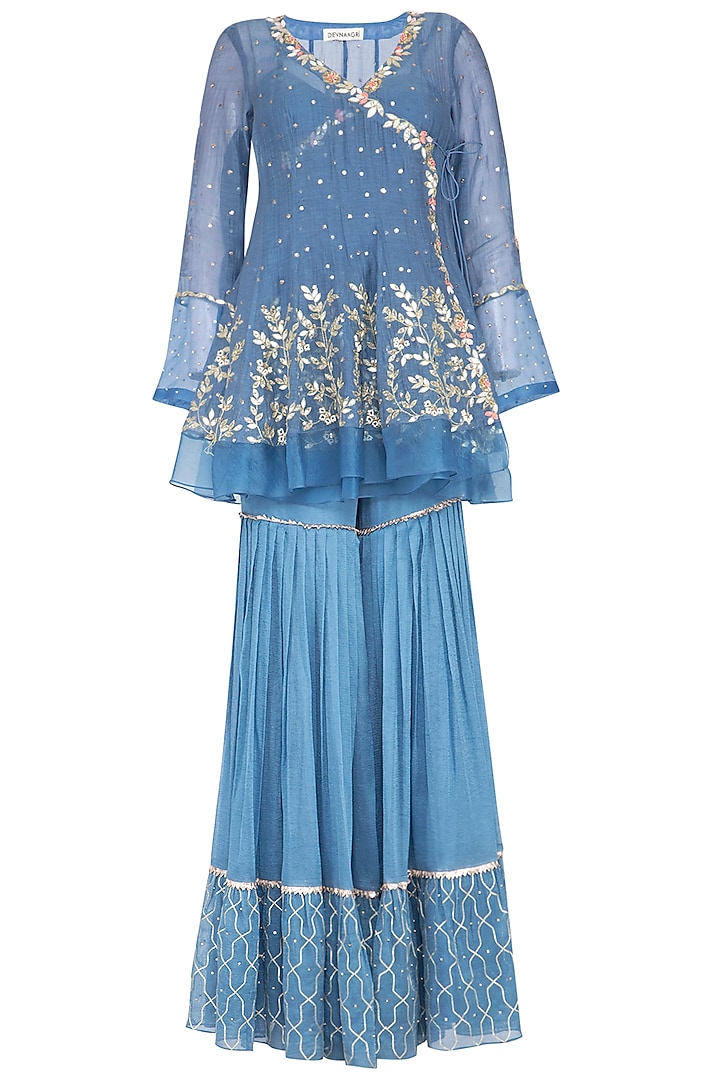Blue Embroidered Sharara Set by Devnaagri