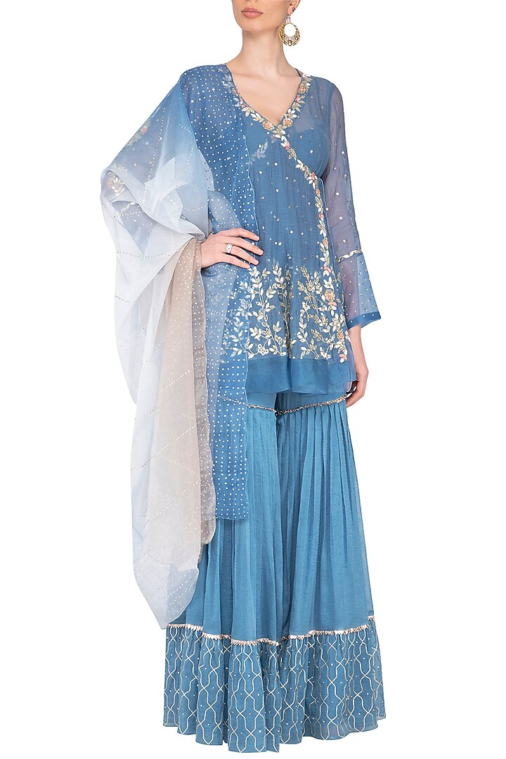 Blue Embroidered Bridal Sharara Set by Devnaagri at Pernia's Pop Up Shop
