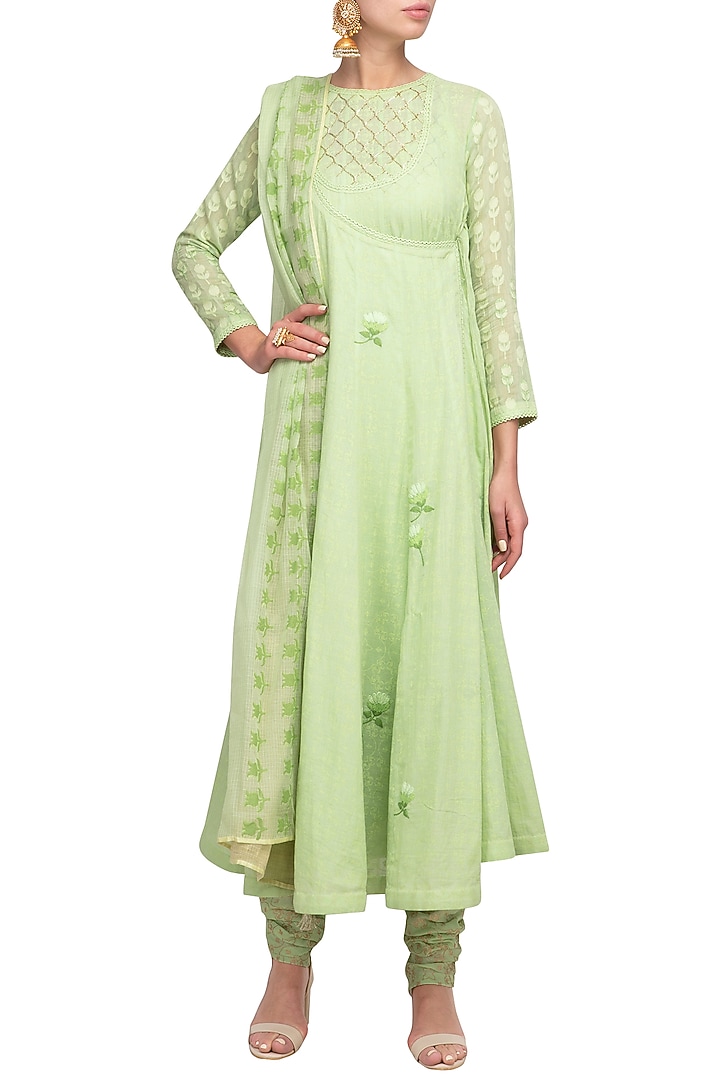 Green Embroidered Angrakha Kurta Set by Devnaagri at Pernia's Pop Up Shop