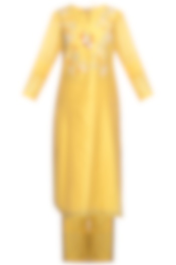Yellow Embroidered Kurta With Palazzo Pants by Devnaagri