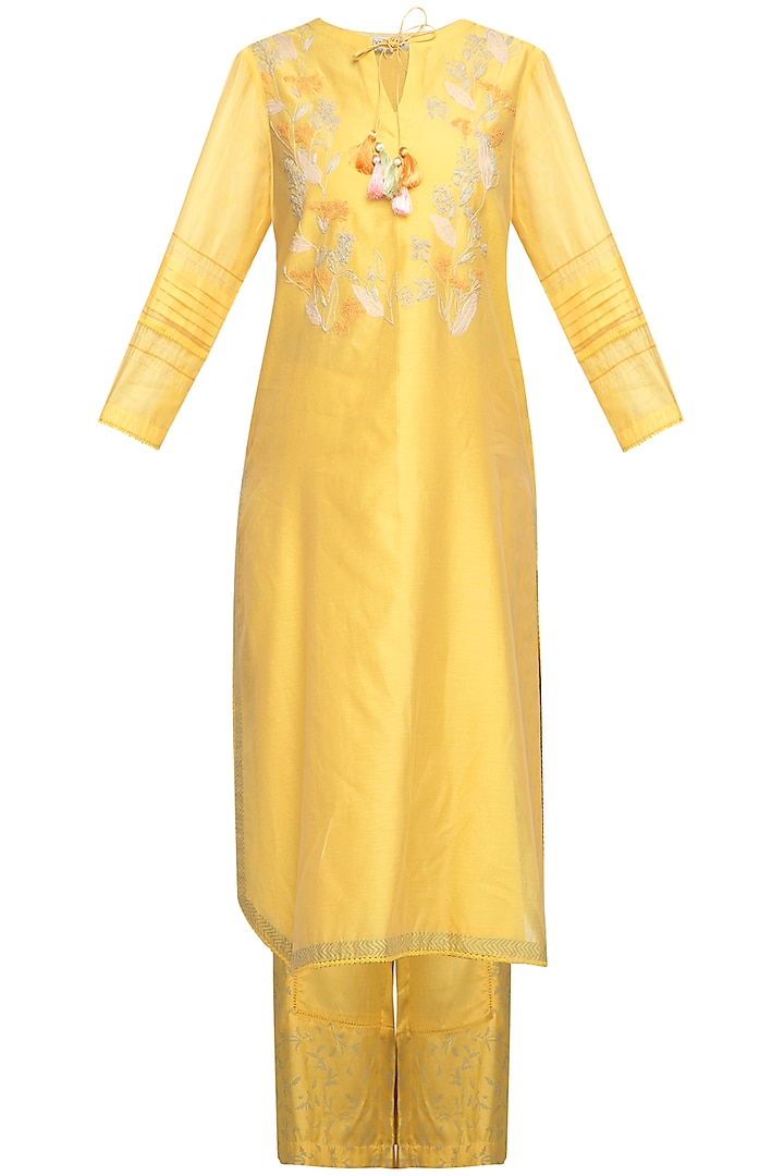 Yellow Embroidered Kurta With Palazzo Pants by Devnaagri