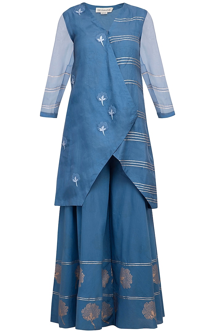 Blue Embroidered Kurta With Sharara Pants by Devnaagri