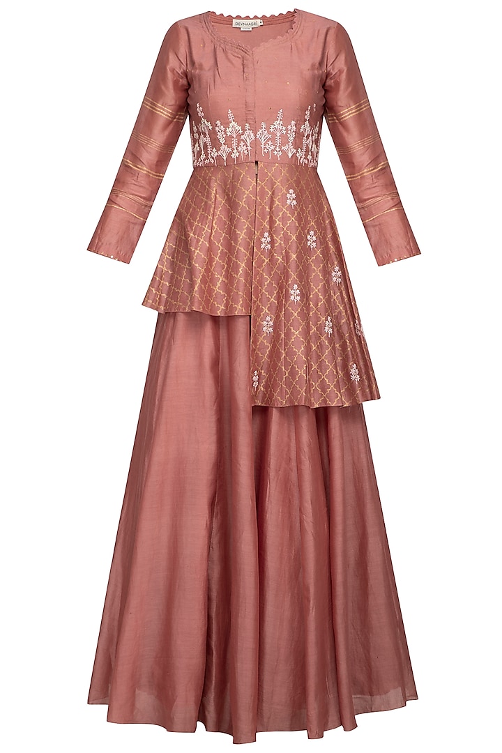 Rust Pink Embroidered Kurta With Skirt by Devnaagri