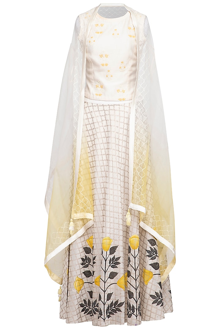 White Embroidered Printed Top With Skirt & Ombre Cape by Devnaagri