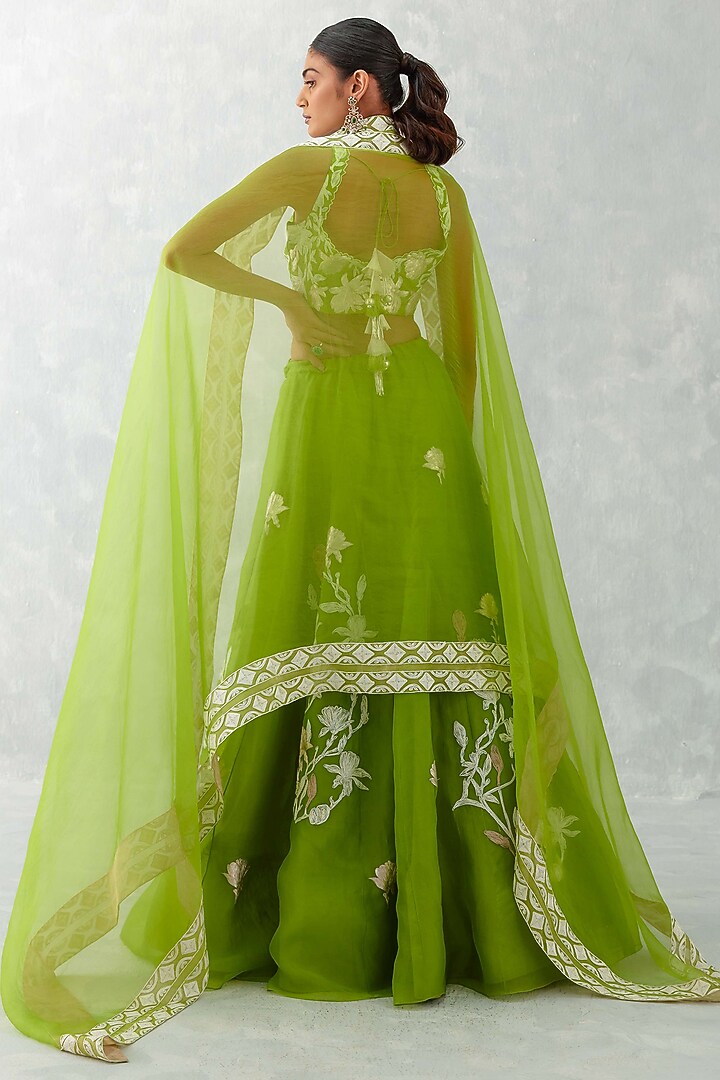 Green Silk Organza Embroidered Wedding Lehenga Set by Devnaagri at Pernia's Pop Up Shop