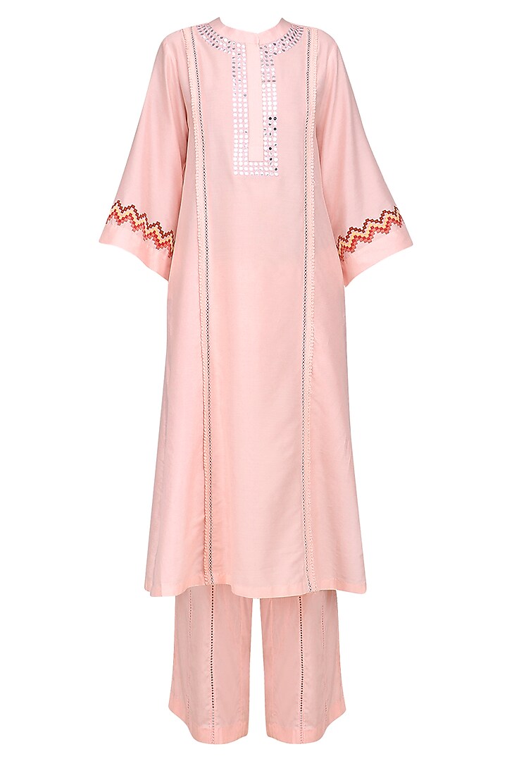 Pink and off white patra embroidered kurta set available only at Pernia's Pop Up Shop.