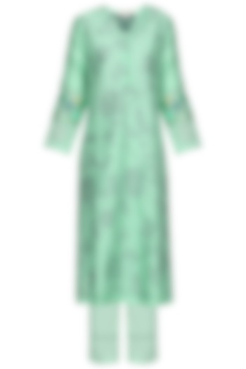 Aqua blue block printed and embroidered kurta set available only at Pernia's Pop Up Shop.