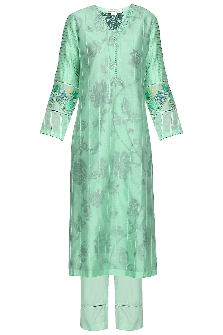 Aqua blue block printed and embroidered kurta set available only at Pernia's Pop Up Shop.