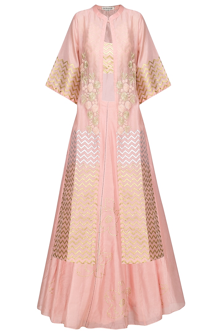 Pink Embroidered Jacket with Top and Lehenga Skirt by Devnaagri