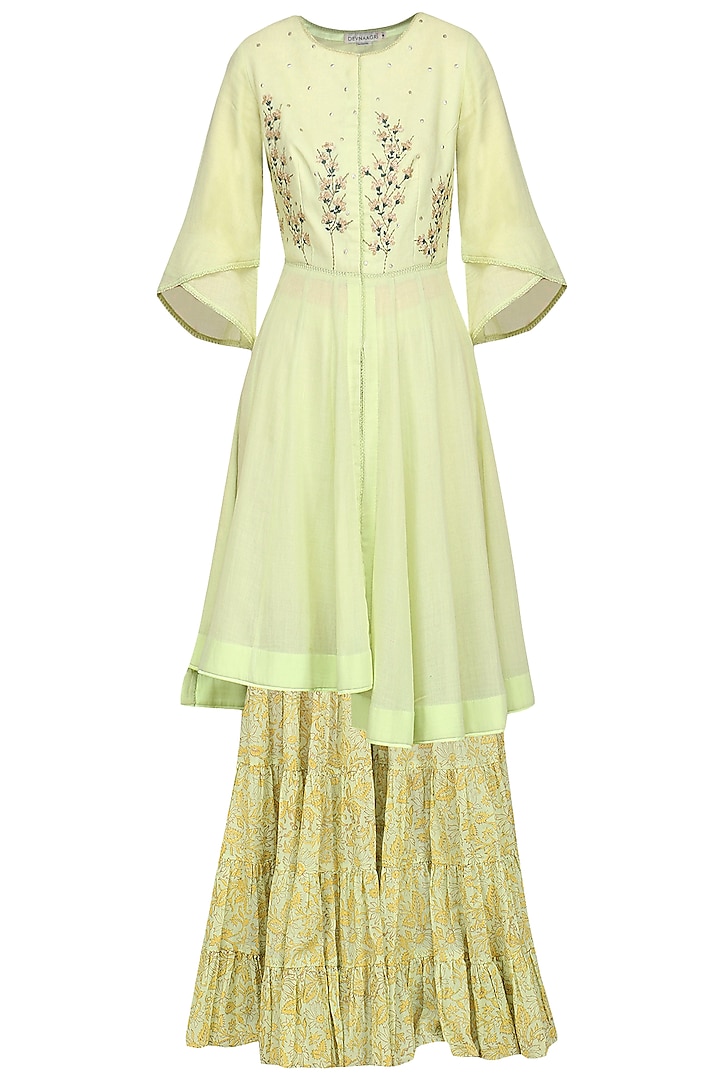 Moss Green Embroidered Anarkali with Sharara Pants Set by Devnaagri