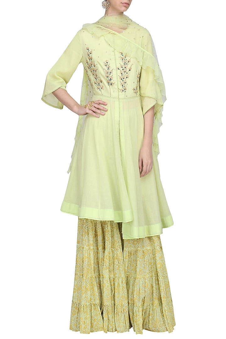 Moss green embroidered anarkali with sharara pants set available only at Pernia's Pop Up Shop.