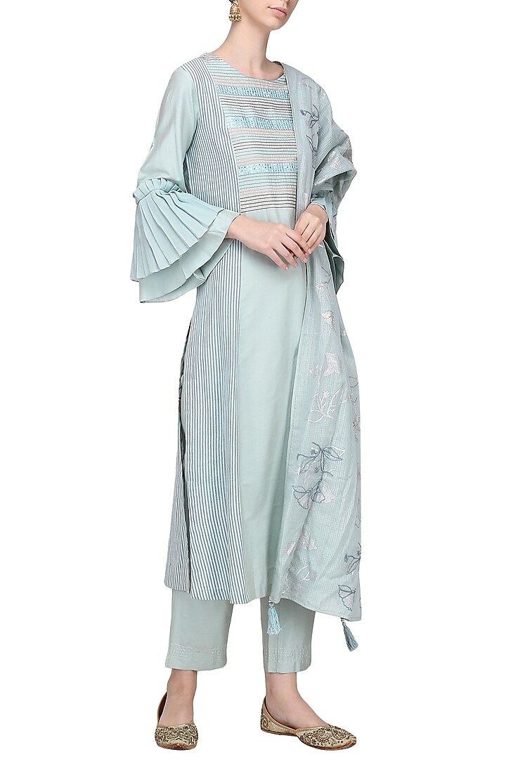 Grey and blue patra embroidered kurta set available only at Pernia's Pop Up Shop.