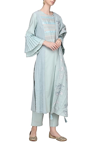 Grey and Blue Patra Embroidered Kurta Set by Devnaagri