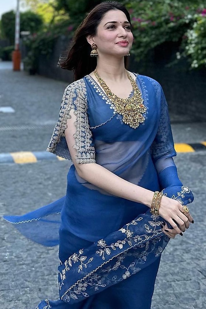 Blue Embroidered Saree Set by Devnaagri