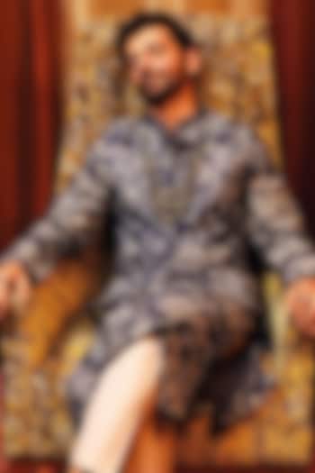 Navy Blue Embroidered Kurta Set by Devnaagri Men at Pernia's Pop Up Shop