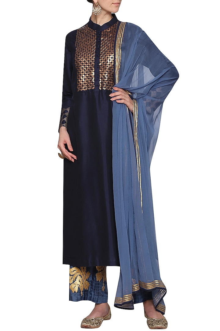 Blue Denim High Neck Embroidered Kurta Set