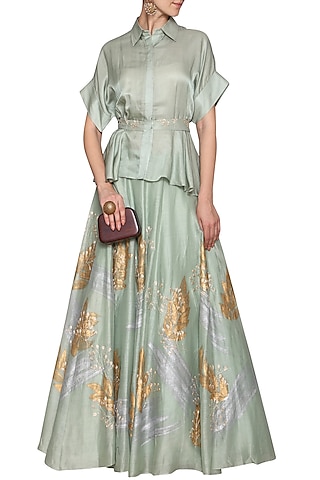 Sea Green Embroidered Top with Skirt by Devnaagri