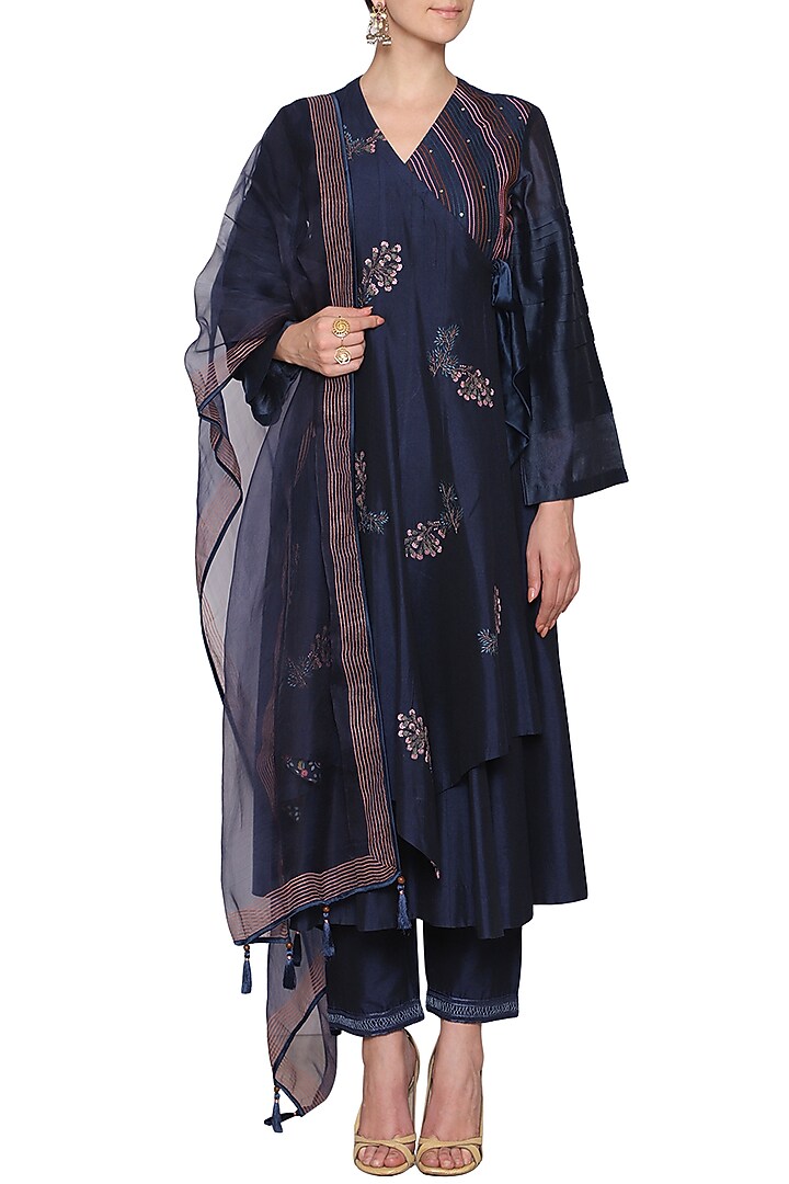 Navy blue embroidered anarkali set available only at Pernia's Pop Up Shop.