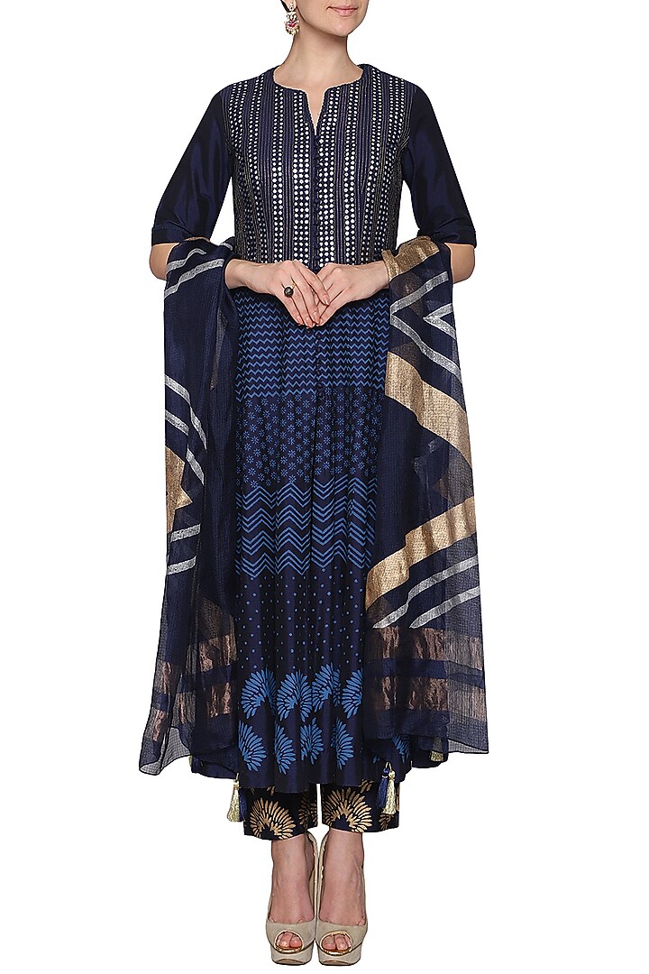 Navy blue embroidered anarkali set available only at Pernia's Pop Up Shop.