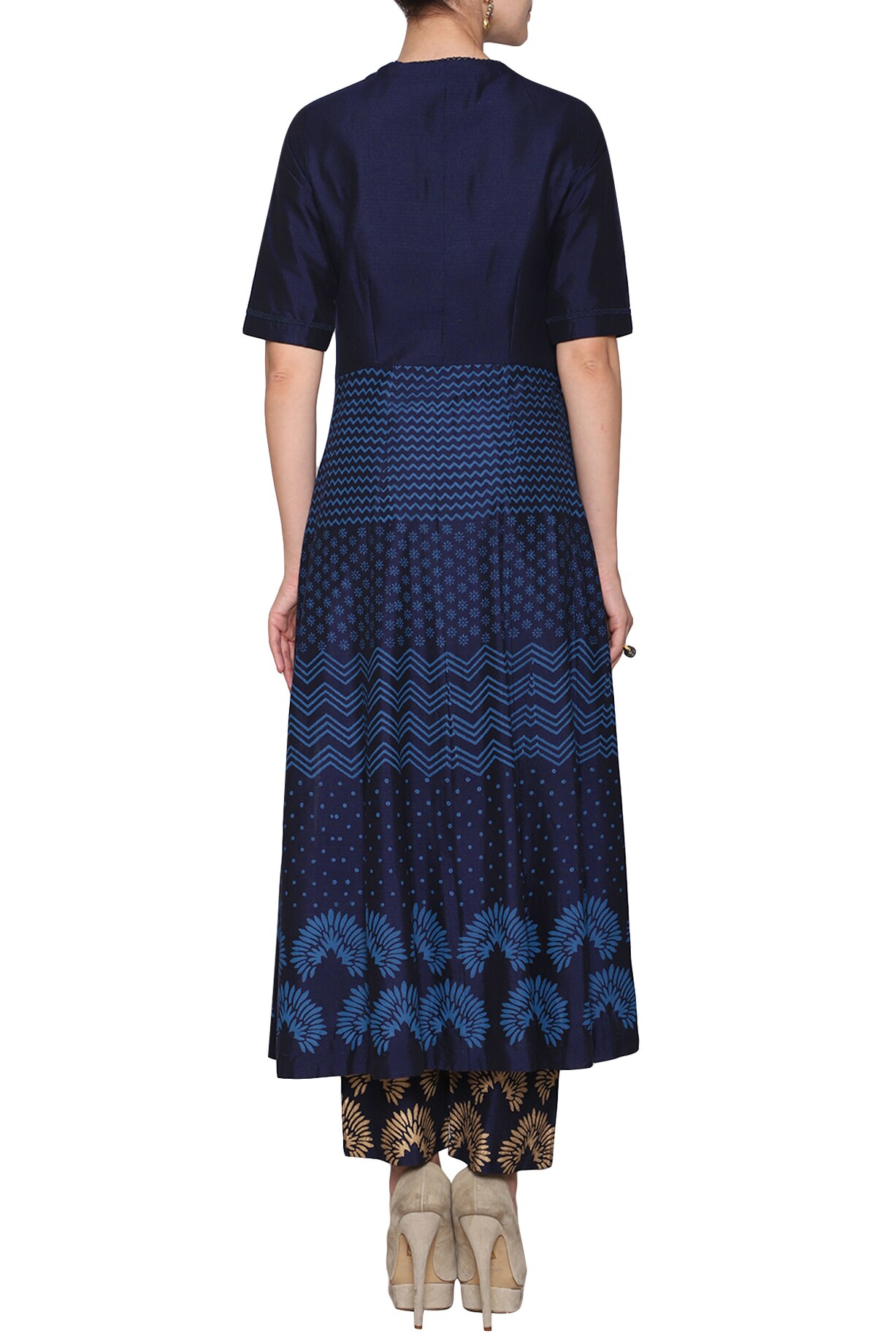Made to Measure Navy Woven Embroidered Anarkali Set with Contrast Banarasi Dupatta