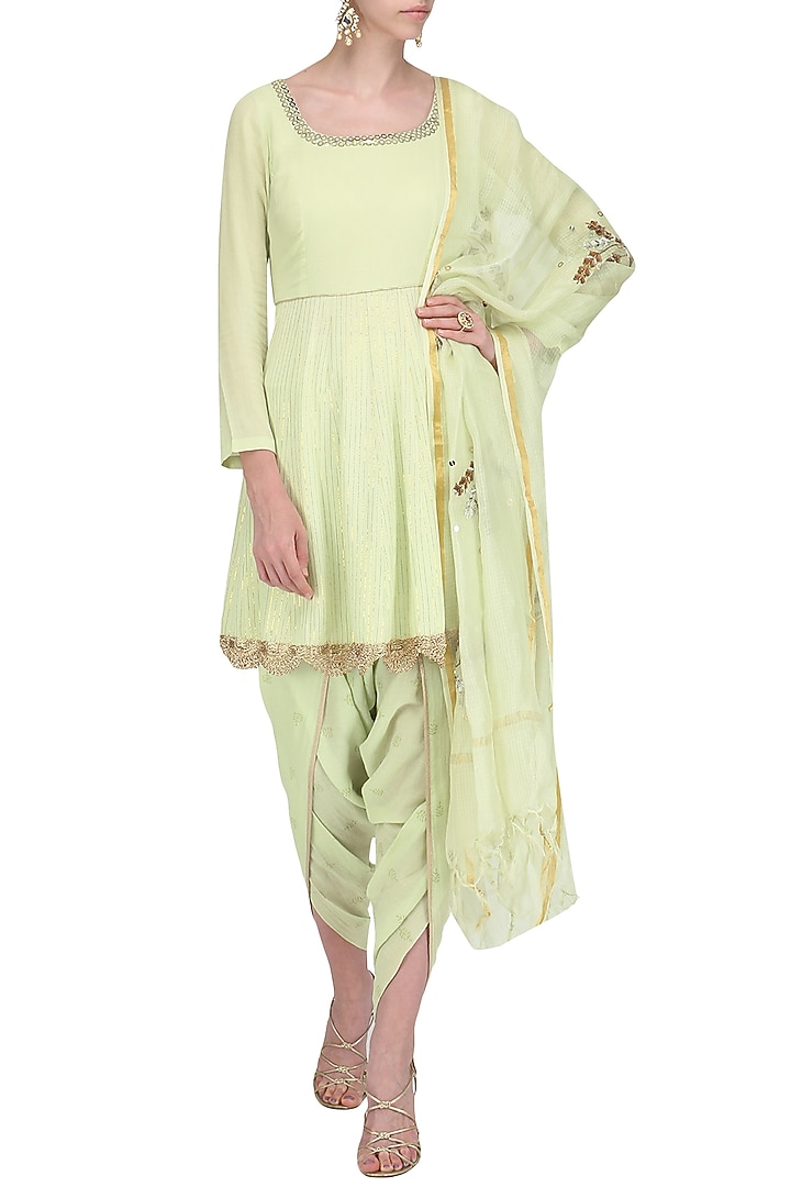 Light green embroidered short anarkali with dhoti pants set available only at Pernia's Pop Up Shop.