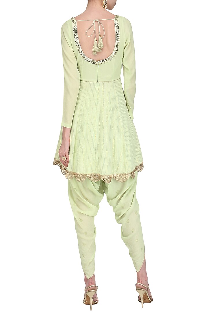 Light green embroidered short anarkali with dhoti pants set available only at Pernia's Pop Up Shop.