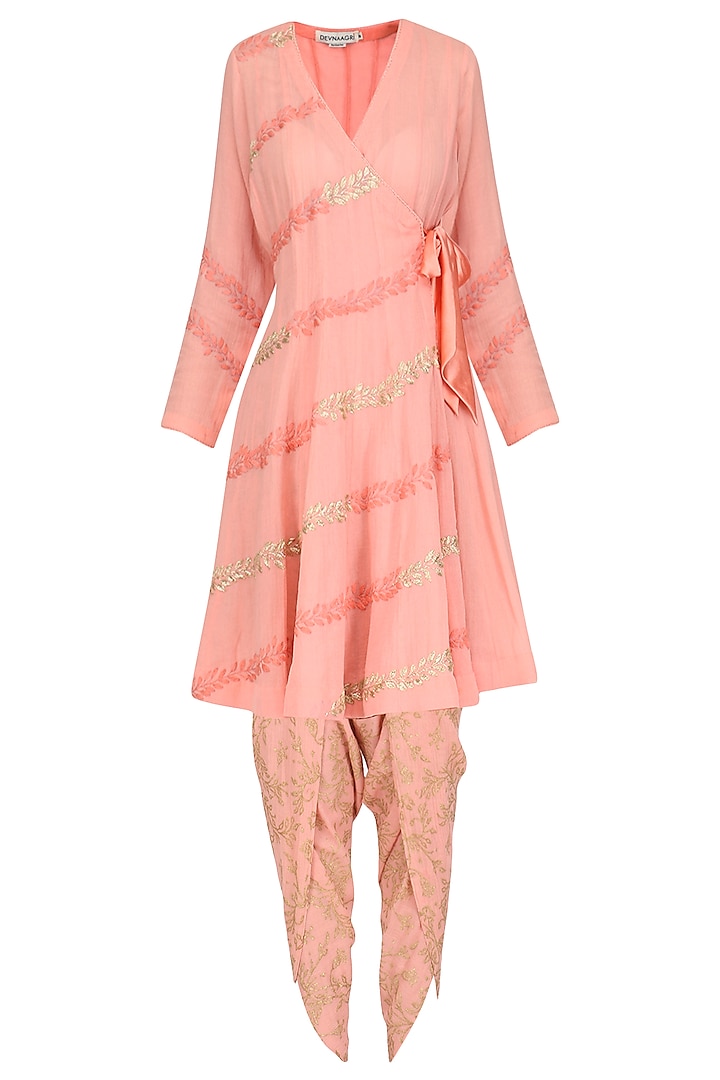 Pink Embroidered and Hand Painted Angrakha Style Anarkali with Dhoti Pants Set by Devnaagri