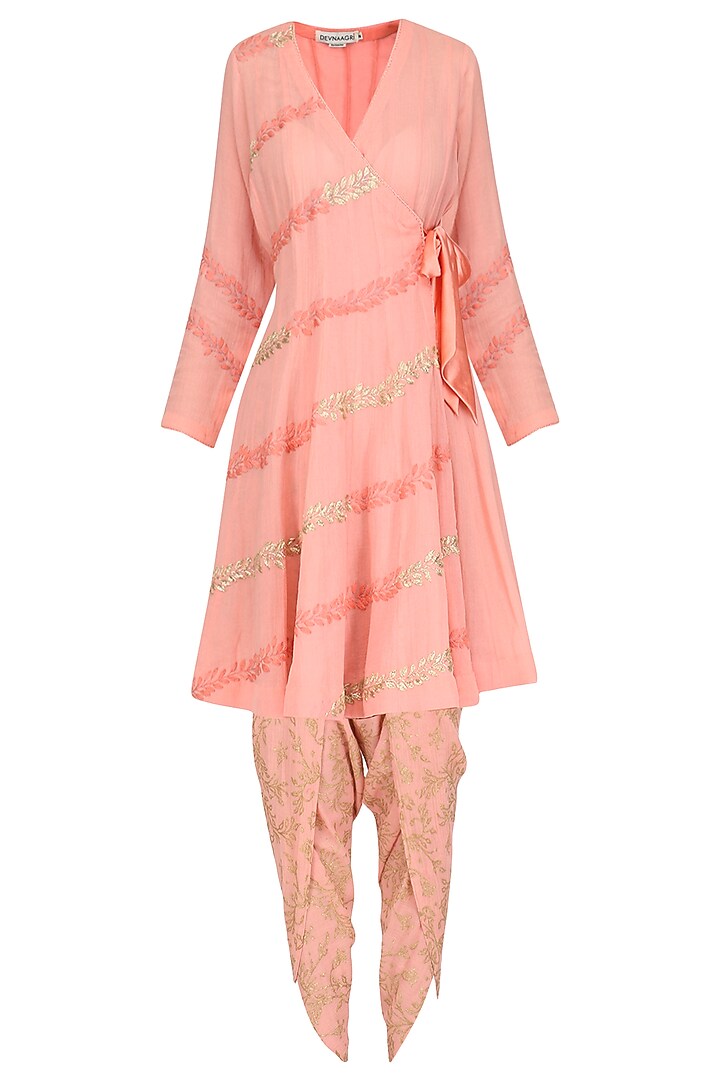 Pink embroidered and hand painted angrakha style anarkali with dhoti pants set available only at Pernia's Pop Up Shop.