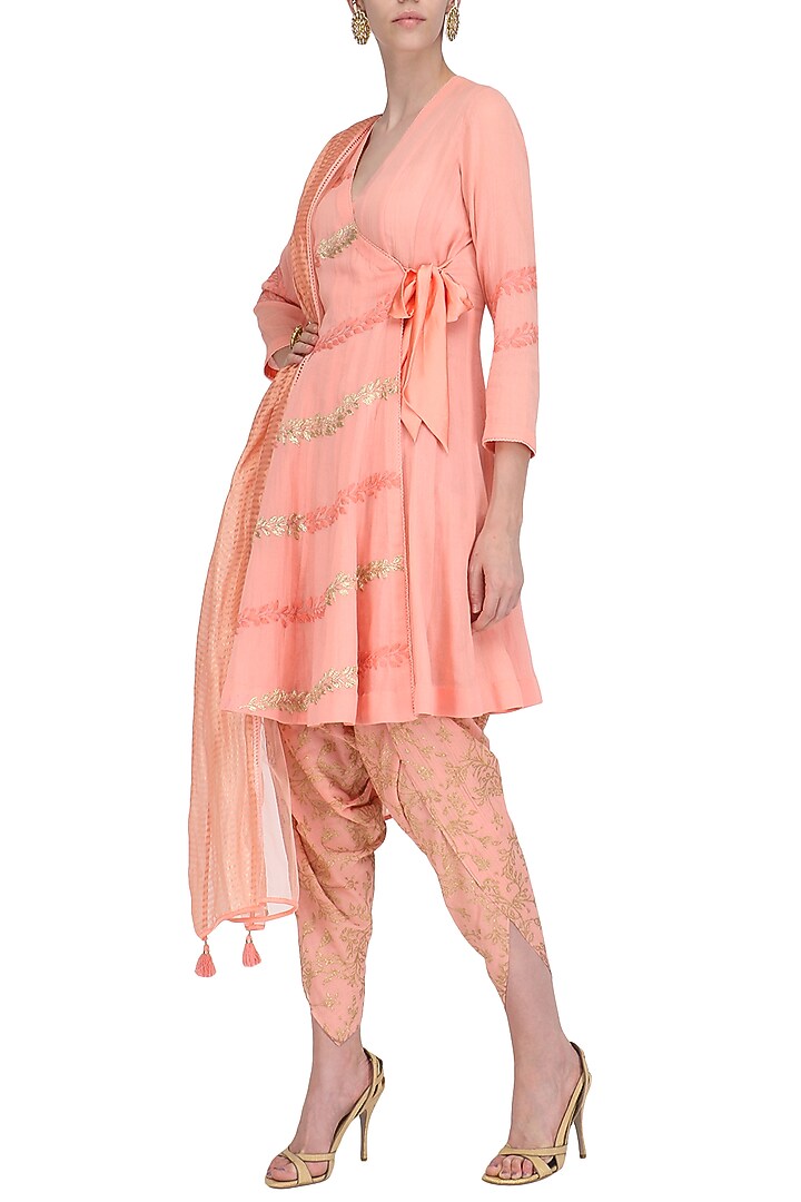 Pink embroidered and hand painted angrakha style anarkali with dhoti pants set available only at Pernia's Pop Up Shop.