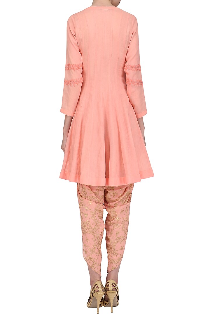 Pink embroidered and hand painted angrakha style anarkali with dhoti pants set available only at Pernia's Pop Up Shop.