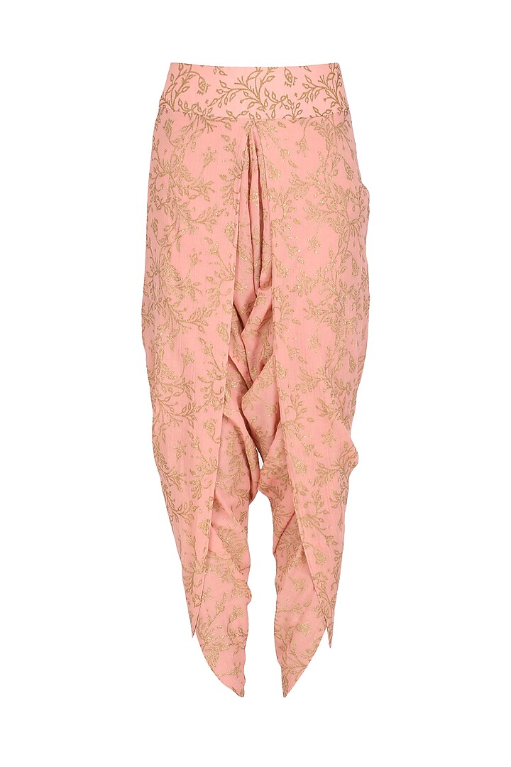 Pink embroidered and hand painted angrakha style anarkali with dhoti pants set available only at Pernia's Pop Up Shop.
